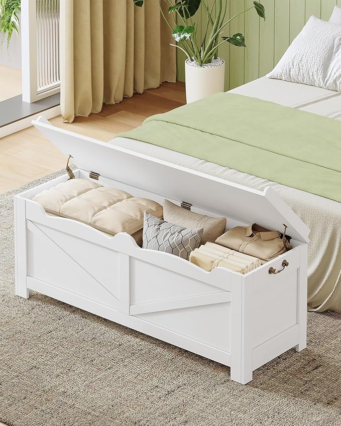 47.2" Storage Chest, Extra Large Storage Trunk with 2 Safety Hinges, Wooden Box Bench, Lift-Top Organizer Chest, Shoe Bench for Entryway, Bedroom, Living Room, White SB14503X