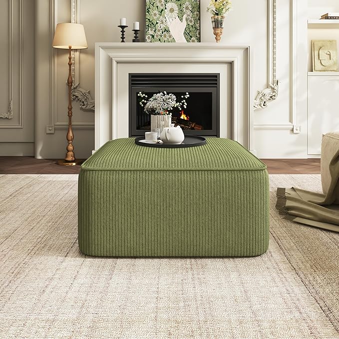 Christopher Knight Home Kyle Corduroy Woven Upholstery Square Ottoman, Living Room Sofa Ottoman with Wood Frame, Comfy Seating Experience with Dense Foam Padding, Non-Marking Foot Caps, Olive Green