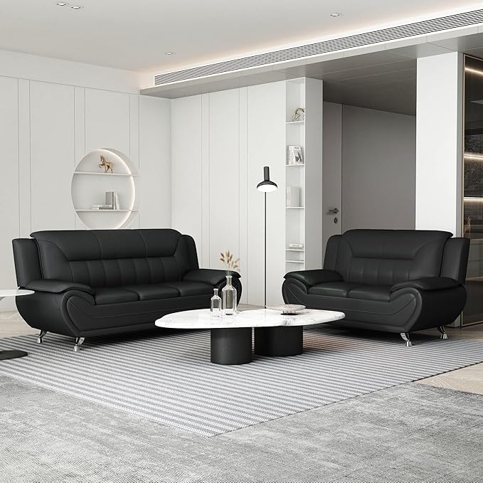 Container Furniture Direct Michael Modern Faux Leather Upholstered Stainless Steel Legs Living Room Loveseat, Midnight Black