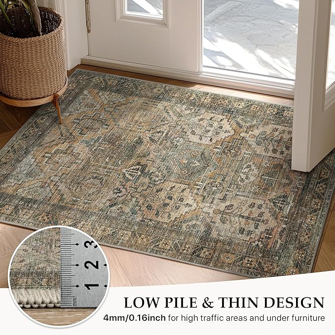 GENIMO 3x5 Area Rugs for Living Room, Machine Washable Non Slip Vintage Rugs, Low Pile Lightweight Chenille Print Rug for Bedroom, Dining Room, Home Office, Warm Taupe