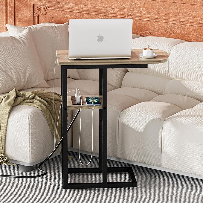 C Table End Table with Charging Station, Couch C Shaped Side Table for Living Room, Bedroom, Laptop Table with USB Ports and Type-C Port, Snack Tray Table for Couch