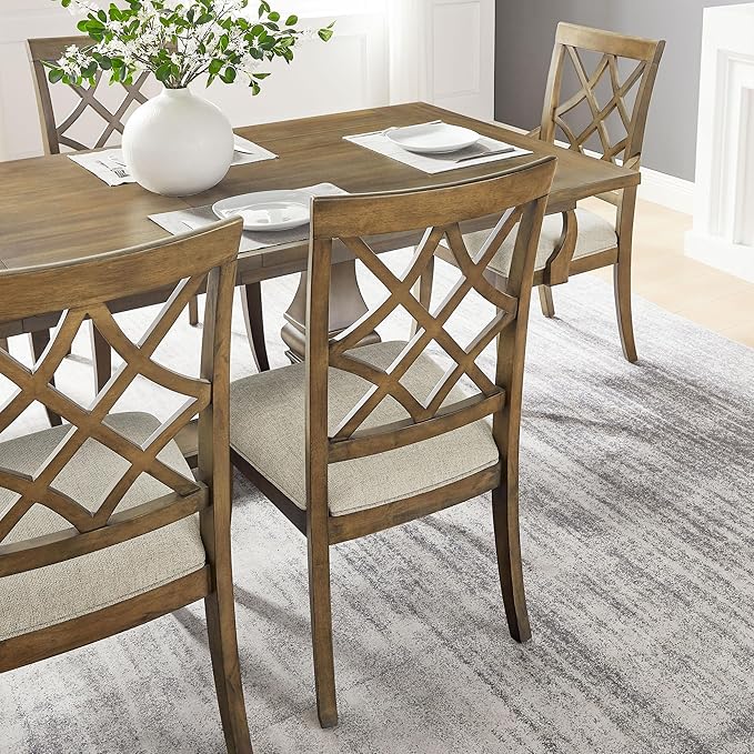 KEIKI Retro 7-Piece Wooden Dining Table Set for 6 Person, Vintage Table Set with Extendable Rectangular MDF Wood Grain Table and 6 Upholstered Chair, Easy Assembly, for Kitchen, Dining Room, White Oak