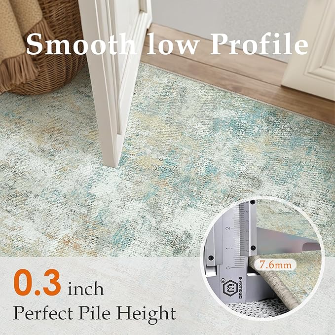 5x7 Washable Area Rug Teal Beige Modern Neutral Abstract Living Room Bedroom Indoor Floor Carpet Low Pile Soft Non-Slip Lightweight Vacuumable Throw Rug for Kitchen Nursery Dining Room
