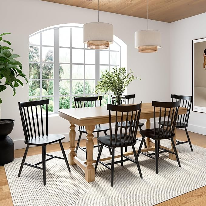 Bush Furniture Rectangular Dining Table Set for 6, with 67 inch Squire Trestle, High Back Spindle Dining Chairs, Farmhouse Transitional, Sterling Collection, Light Brown and Black