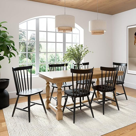 Bush Furniture Rectangular Dining Table Set for 6, with 67 inch Squire Trestle, High Back Spindle Dining Chairs, Farmhouse Transitional, Sterling Collection, Light Brown and Black
