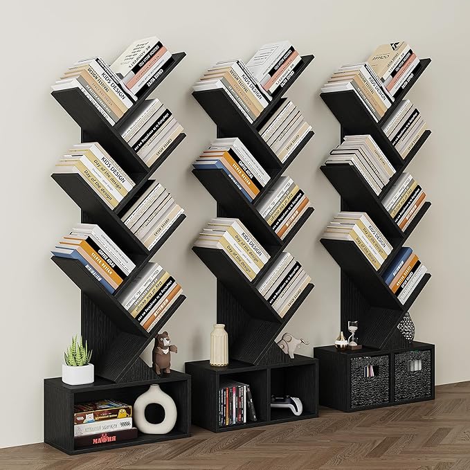Vagusicc Tree Bookshelf, 6 Tier Bookshelf with Storage, Tall Narrow Bookcase, Rustic Wood Book Storage Rack for CDs/Books, Small Book Organizer Shelves for Bedroom, Living Room, Home Office, Black