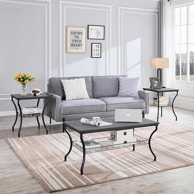 VECELO 3 Pieces Living Room Table Sets, Coffee and End Tables with Open Storage Shelves for Apartment, Home Office, Small Space, Easy Assembly, Dark Grey