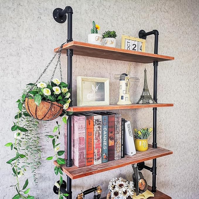 Pipe Industrial Shelves, Wall Mounted Wood Metal Ladder Rustic Bookshelf (Weathered Brown, 6 Tier - 10" D x 30" W x 82.5" H)