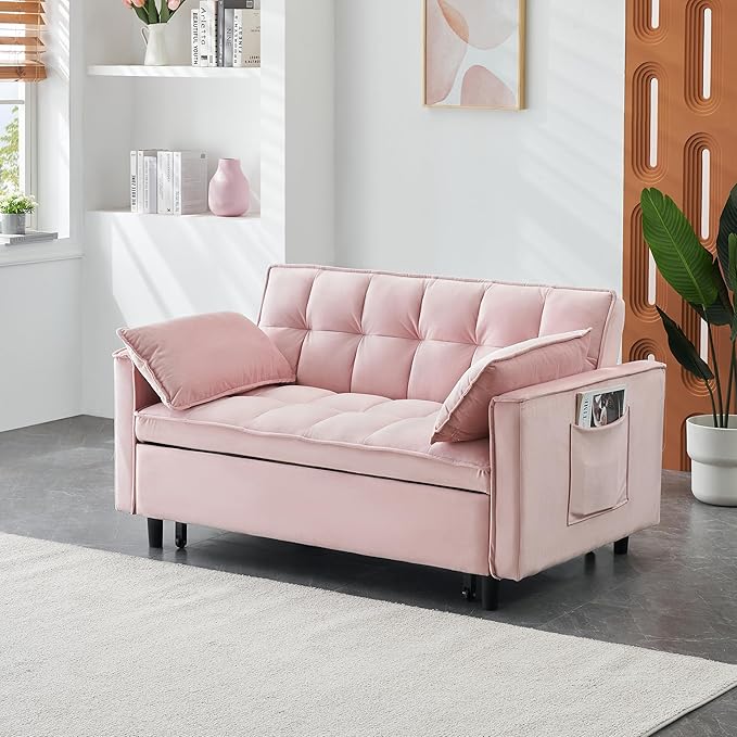 Ball & Cast Convertible Sofa Bed,Loveseat Sleeper Sofa W/Pull-Out Bed&2 Pillows,Convertible Pull Out Couch W/Adjustable Backrest&Side Pocket,Velvet Futon Couches for Living Room,Apartment,Pink,55"