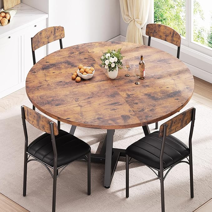 Round Kitchen Dining Room Table Circle Dining Dinner Table with Pedestal Metal Frame, Space Saving Wood Industrial Furniture for Small Space (Rustic Brown, 47IN)
