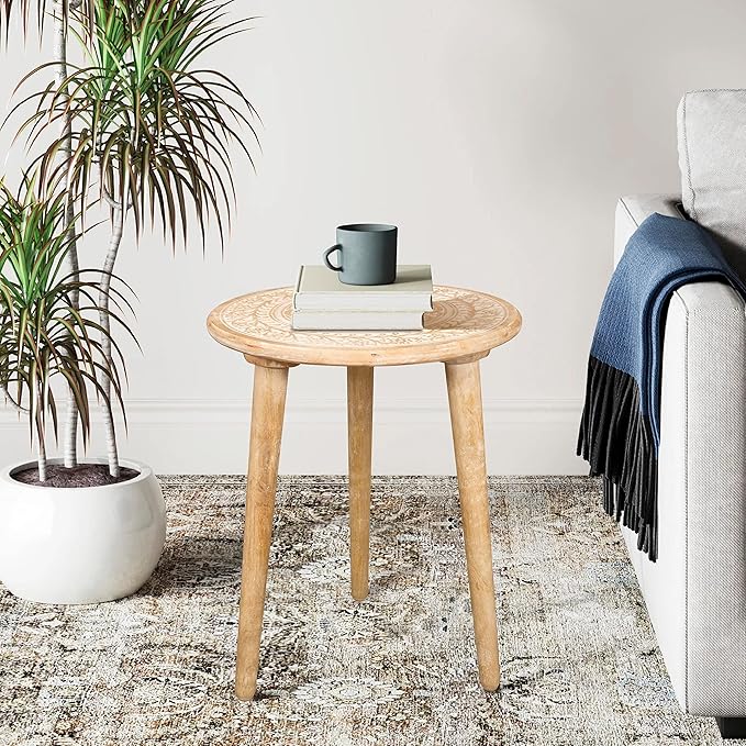Wooden Table with 3 Legs Pillar, Carving End Tables, Round Coffee Tables, Entryway Table, Coffee Table for Livingroom, Books and Plants - 18"x22" - White Wash