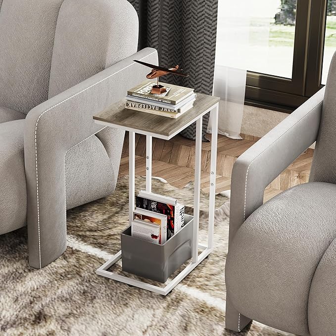WLIVE Side Table, C Shaped End Table for Couch, Sofa and Bed, Large Desktop C Table for Living Room, Bedroom, Creamy Greige