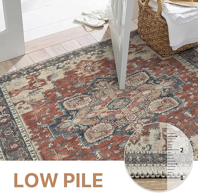 GENIMO 10x12 Area Rugs for Living Room, Machine Washable Non Slip Vintage Rugs, Low Pile Lightweight Chenille Print Rug for Bedroom, Dining Room, Home Office,Bordeaux