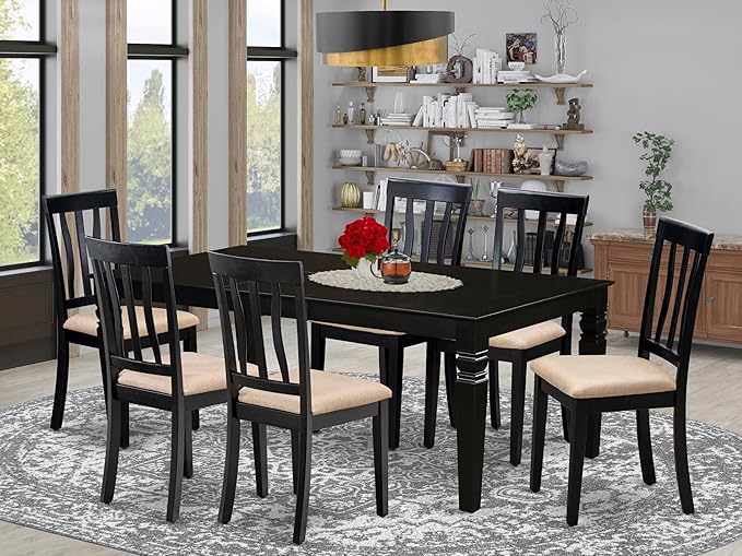 East West Furniture LGAN7-BLK-C 7 Piece Kitchen Table Set Consist of a Rectangle Dining Table with Butterfly Leaf and 6 Linen Fabric Dining Room Chairs, 42x84 Inch, Black