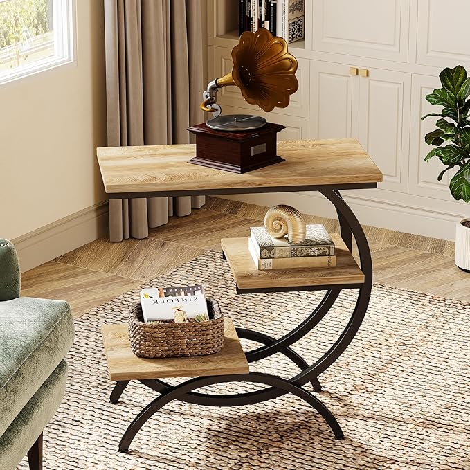 Tribesigns C-Shaped End Table, Industrial 3-Tier Small Side Table for Couch, Wood Bedside Table Snack Side Table with Storage Shelves for Living Room Small Space, Light Brown