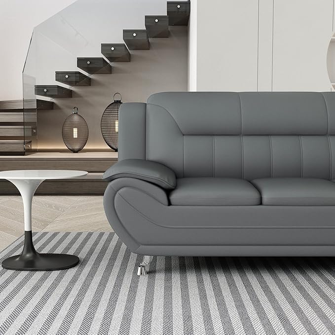 Container Furniture Direct Michael Modern Faux Leather Upholstered Stainless Steel Legs Living Room Sofa, Sleek Gray
