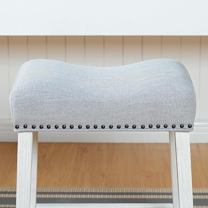 Roundhill Furniture Coco Upholstered Backless Saddle Seat Counter Stools 25.5" Height Set of 2, White-Wash Finish, Light Gray Fabric