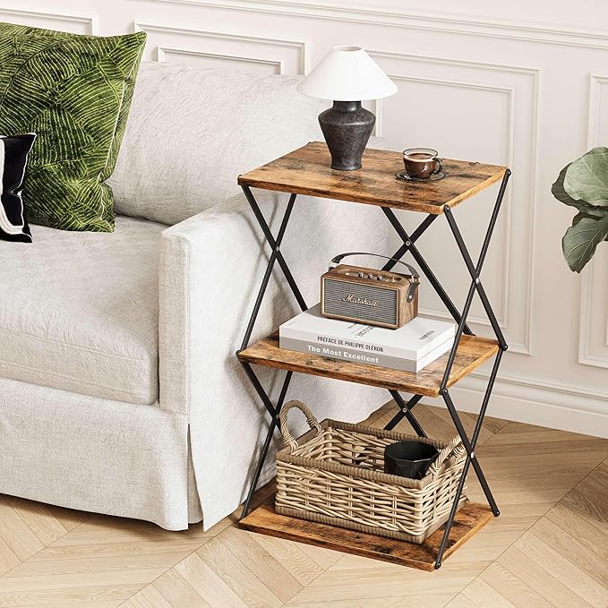 3-Tier End Table Small Side Table Tall Bedside Night Stand with Storage Sofa Side desks for Living Room Bedroom Office Bathroom Small Space Rustic Brown ET-03RB