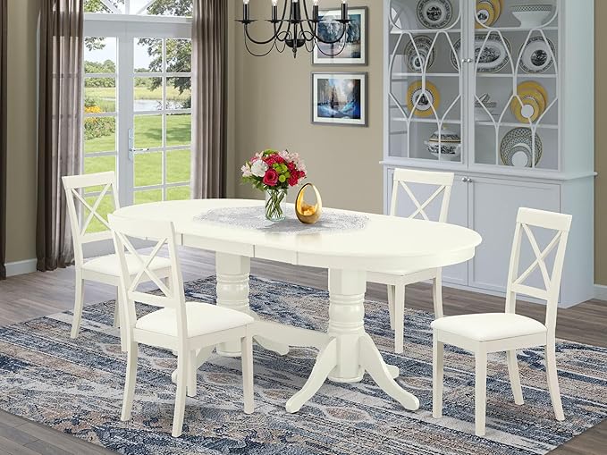 East West Furniture VABO5-LWH-LC 5 Piece Kitchen Table & Chairs Set Includes an Oval Dining Room Table with Butterfly Leaf and 4 Faux Leather Upholstered Chairs, 40x76 Inch, Linen White