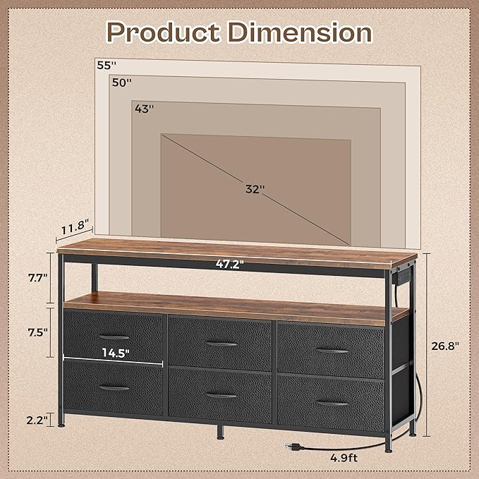 Huuger LED TV Stand for Bedroom, 47 Inch Dresser TV Stand for 43, 50, 55 Inch TV, Rustic Black TV Stand with Storage, Entertainment Center with Power Outlets, 6 Drawer Fabric Dresser for Living Room