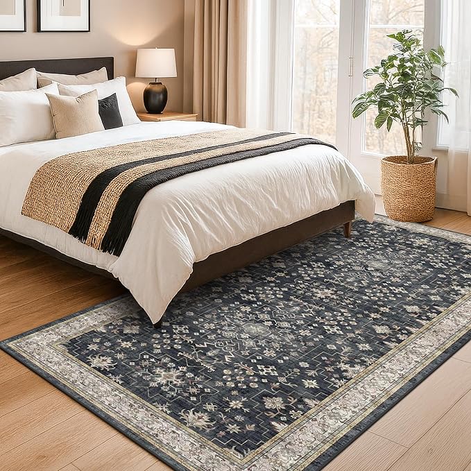 Washable 4x8 Hallway Runner Rug, Black Vintage 8ft Soft Runners for Entry Kitchen Non Slip Low Pile Thin Carpet for Living Room Bedroom Foyer