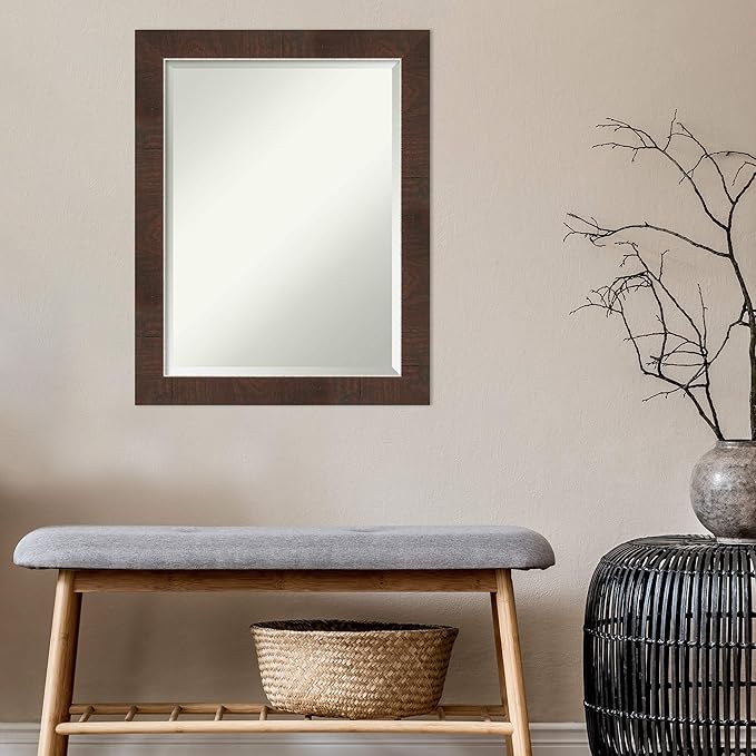 Amanti Art Brown Bathroom Mirror for Over Sink, 27x21 Wildwood Brown Narrow Rectangle Vanity Mirror, Medium Rustic Farmhouse Frame, Hangs Horizonally and Vertically, Bathroom Wall Decor, Beveled Edge