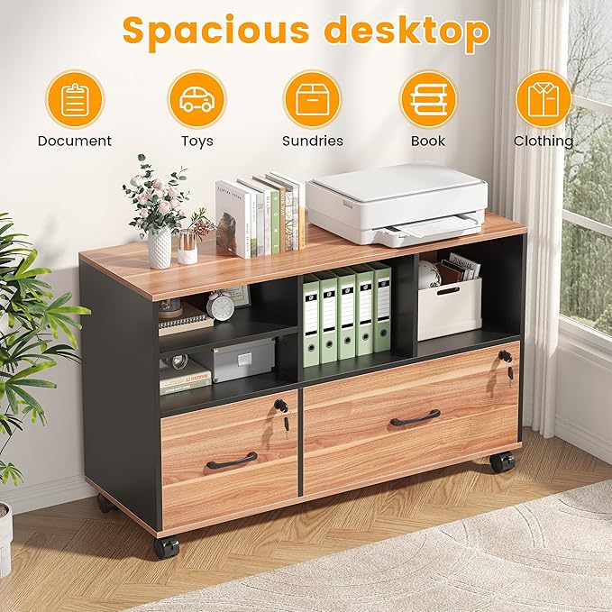 2 Drawer Wood Mobile Large Lateral File Cabinet with Lock, Lockable Rolling Filing Cabinet with Storage Shelves, Printer Stand Office Storage Cabinet for Home Office Fits Files Legal/A4