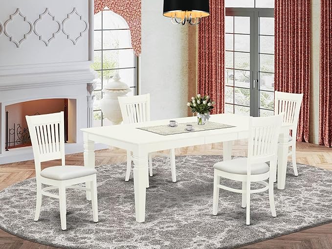 East West Furniture LGVA5-LWH-C 5 Piece Dining Set Includes a Rectangle Dining Room Table with Butterfly Leaf and 4 Linen Fabric Upholstered Kitchen Chairs, 42x84 Inch, Linen White