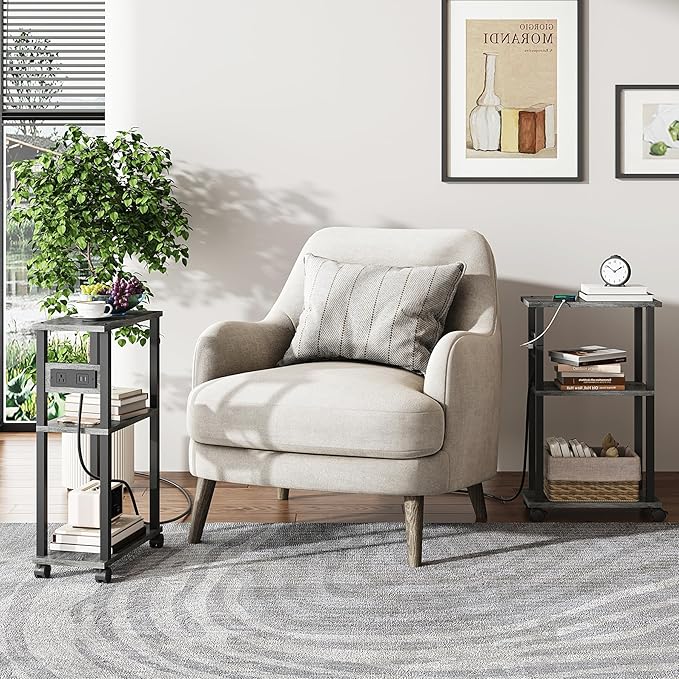 TUTOTAK Small Narrow Side Table with Charging Station, Set of 2, Skinny End Table for Small Spaces, Slim Nightstand with USB Ports and Outlet,Sofa Beside Table with Wheels, Charcoal Grey TB01BY047