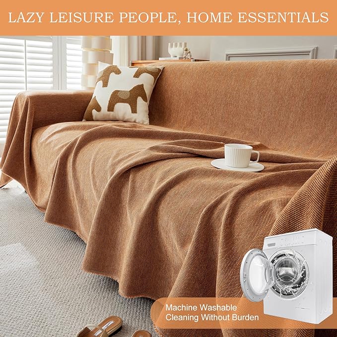 STACYPIK Orange Chenille Couch Cover for Dog, Sofa Covers for Sofa, Furniture Protector for 3 Cushion Couch, Lovetseat Cover for L Shaped, Non Slip Pumpkin Sectional Sofa Cover Pet-Friendly-91X134IN
