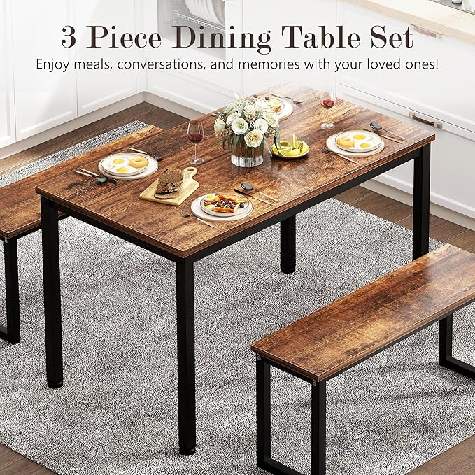 soges 39.4 in Kitchen Table Set with 2 Benches, Dining Table Set for 4, 3 Piece Wooden Industrial Style Dining Room Table and Long Benches, Breakfast Table Coffee Table Set, Retro