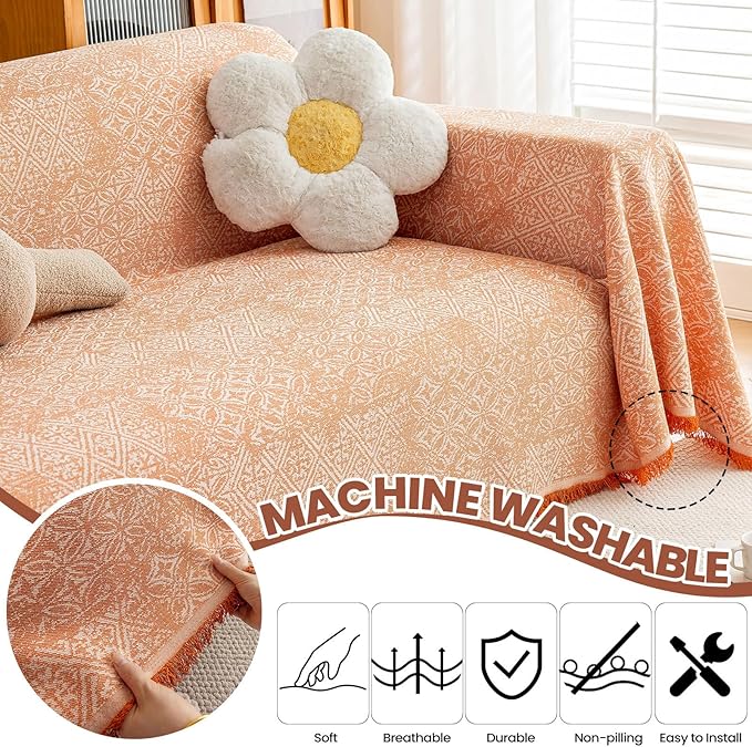 STACYPIK Boho Sofa Cover for Pets, Orange Geometric Couch Cover for 3 Cushion Sofa, Washable Dogs Protector for Living Room, Anti-Slip Sectional Covers for Loveseat with Tassel Throw Blanket-71X134IN