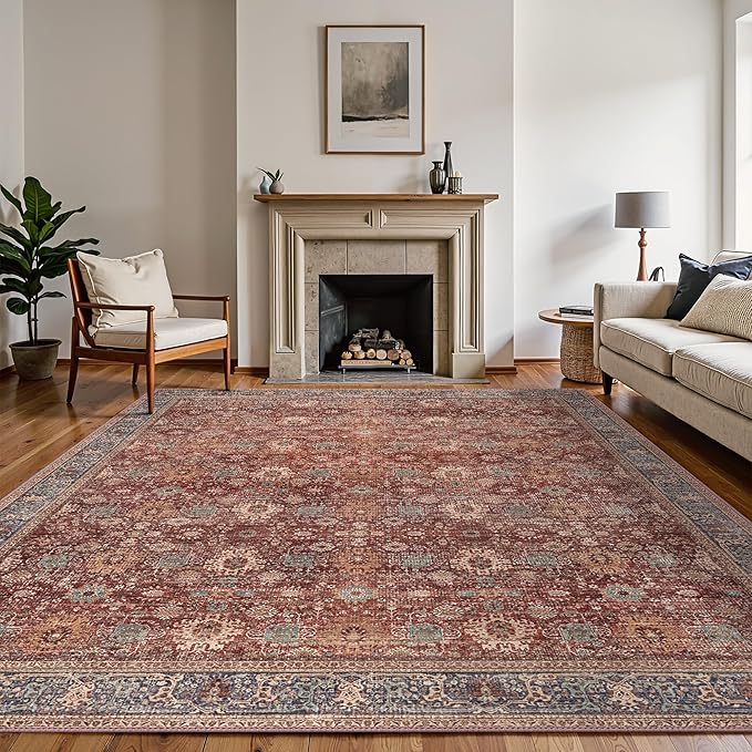 8X10 Area Rugs Machine Washable Rugs for Living Room, Vintage Boho Large Rugs for Bedroom Dining Room, Non Slip Indoor Soft Distressed Lightweight Thin Low Pile Carpet, Red Brown