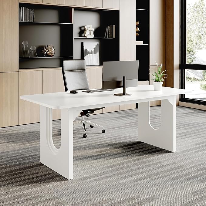 LITTLE TREE 70.8-Inch Home Office Desk, White Computer Desk with Storage, Study Writing Work Desk for Home Office, Spacious Modern Simple Desk,White