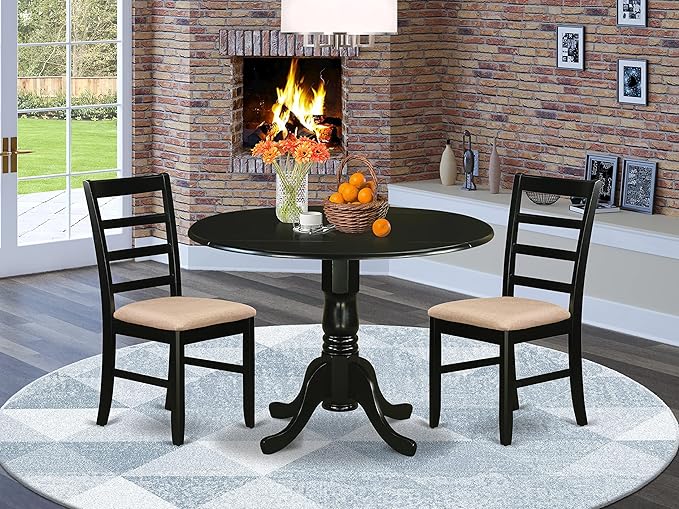 East West Furniture DLPF3-BLK-C 3 Piece Dining Set Contains a Round Dining Room Table with Dropleaf and 2 Linen Fabric Upholstered Kitchen Chairs, 42x42 Inch, Black