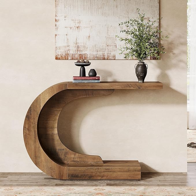 Tribesigns 43.3" Mid-Century Modern Console Table for Entryway, Wood C-Shaped Hallway Entry Accent Table for Living Room, Entrance, Foyer, Easy Assembly, Brown