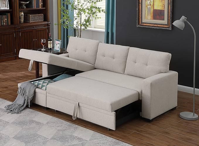 Devion Furniture Maison 4-in-1 Convertible L Shaped Couch with Pull Out Bed and Storage, Sectional Sleeper Sofa with Reversible Chaise for Living Room, Apartment, Bedroom, Office