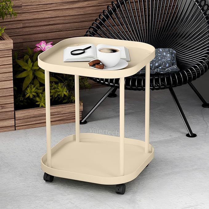 Side Table with Wheels, End Table Living Room Plastic Mobile Sofa Side Table Small Night Stand Bedroom Khaki