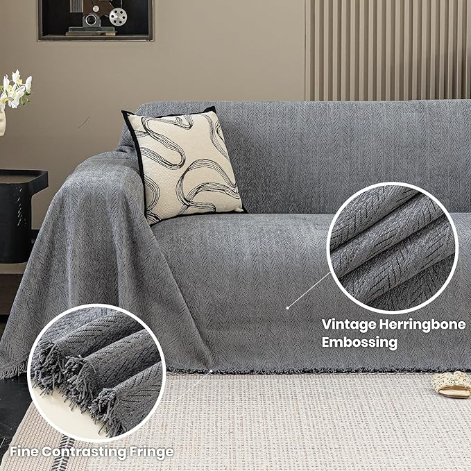 Nobildonna Sofa Cover Washable Soft Thicken Chenille Couch Cover with Tassel,Waterproof Sofa Slipcover for 3-4 Cushion Couch,Sectional Sofa,L-Shaped Furniture Protector Pet-Friendly,Dark Gray 71x150