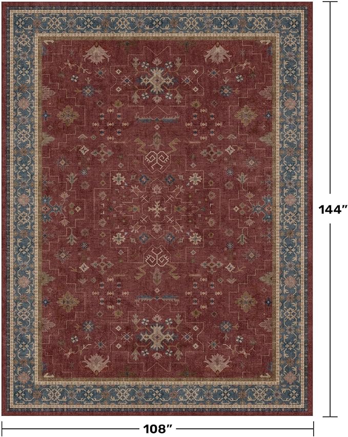 Oriental 9x12 Soft Rugs for Living Room - Dark Red Rugs for Bedroom Aesthetic, Dining Room Under Kitchen Table, Washable Soft Non Slip Large Area Vintage Décor