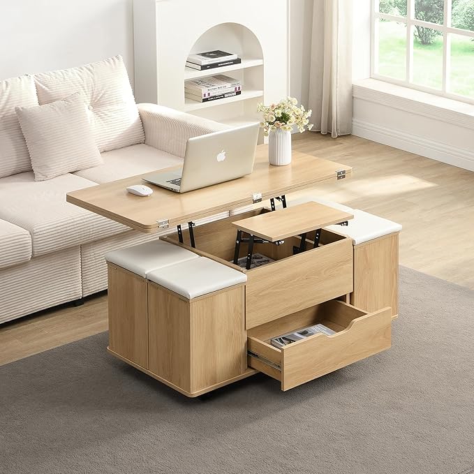 Merax Multi-Functional Lift-Top Coffee Table with Hidden Storage and Stools,Multi-Function Modern Center Table with 4 Stools and Casters,Perfect for Modern Living Spaces, Natural & White