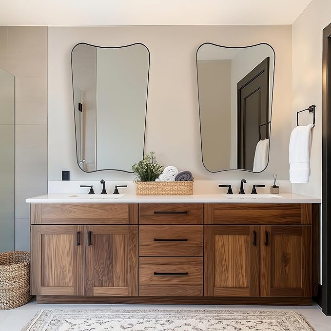 24x40 Black Mirror, Irregular Shaped Mirror with Curved Edge Design, Asymmetrical Bathroom Mirror, Wall Mounted Decorative Mirror for Powder Room, Foyer, Master Room, Hangs Vertical Only