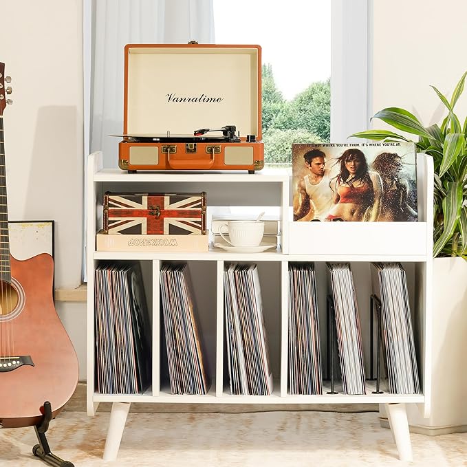 Record Player Stand, Large Record Player Table Cabinet with Open Vinyl Storage and Display Shelf Holds up to 350 Albums, Mid Century Wood Turntable for Living Room, Bedroom (White)