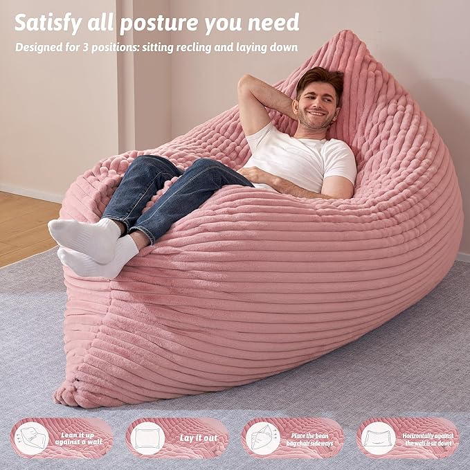 HABUTWAY 4-in-1 Bean Bag Chair, Convertible Chair with High-Density Memory Foam Filling & Machine Washable Cover, Giant Bean Bag Chair for Adults (Pink)