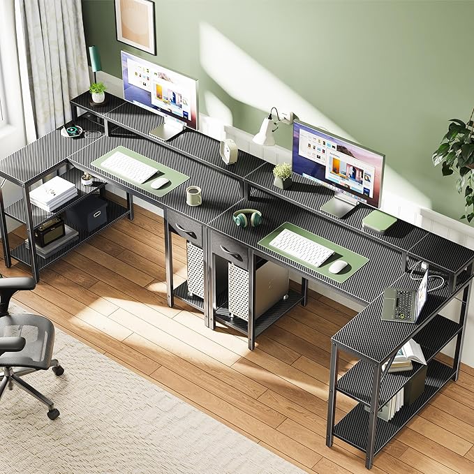 SUPERJARE 47 inch Reversible L Shaped Desk with LED Lights & Power Outlets, Computer Desk with Shelves & Monitor Stand, Gaming Desk with Drawer, Home Office Desk Corner Desk, Carbon Fiber Black