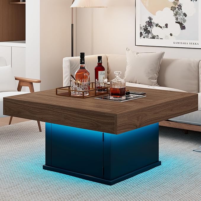 LED Coffee Tables for Living Room, Farmhouse Wood Coffee Table, 33.5" Square Coffee Table with Storage, Large Vintage Brown Center Table, Living Room Tables Cocktail Table (Vintage Brown)