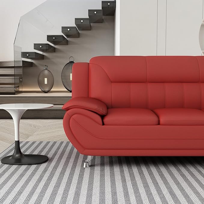 Container Furniture Direct Michael Modern Faux Leather Upholstered Stainless Steel Legs Living Room Sofa, Persian Red