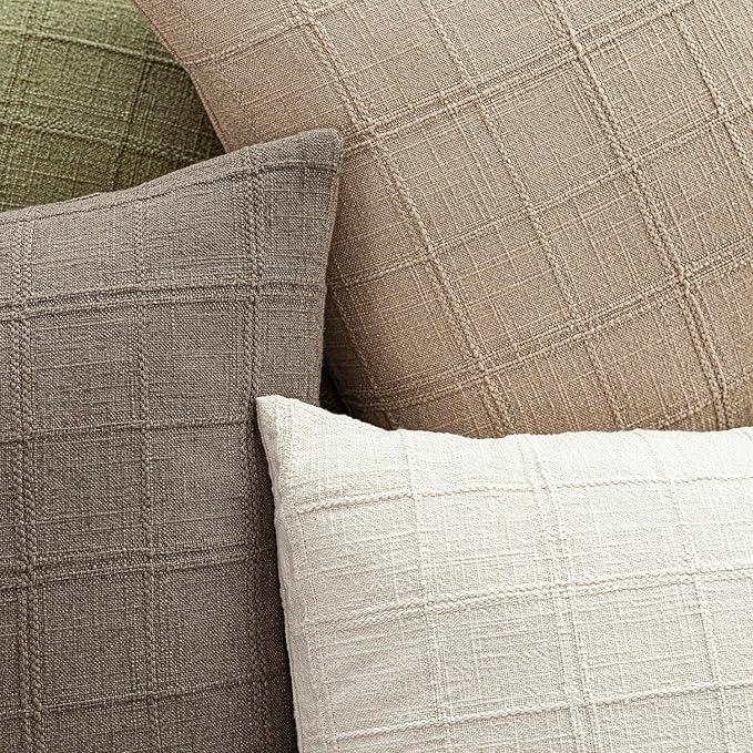 Foindtower Set of 2 Decorative Linen Check Throw Pillow Covers Neutral Farmhouse Vintage Cushion Covers Modern Coastal Boho Home Decor For Sofa Chair Couch Bedroom Living Room Outdoor,22×22 Inch,Camel
