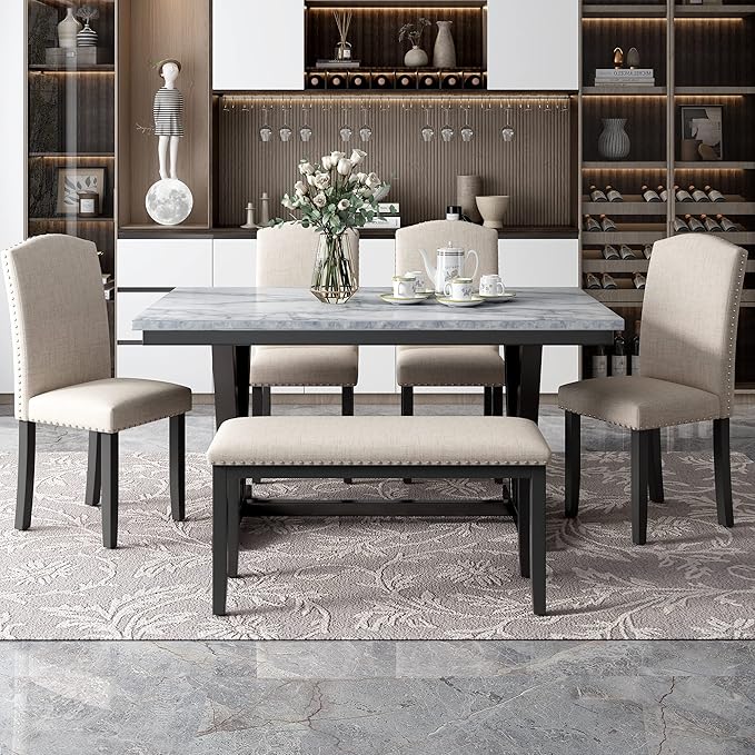 6 Pieces Dining Table Set with 60" Rectangle Marbled Veneers Tabletop Kitchen Desk,Living Room Furniture W/ 4 Chairs & 1 Bench,for Restaurant,Home Bistro,White