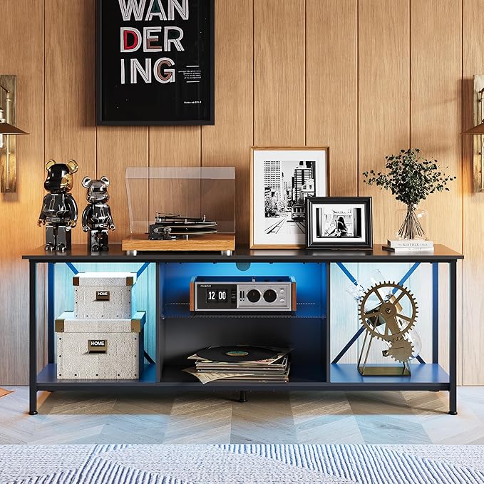 WLIVE TV Stand up to 65 Inch TV, 55" Entertainment Center with LED, Industrial TV Console with Glass Shelf for Living Room and Bedroom, Black